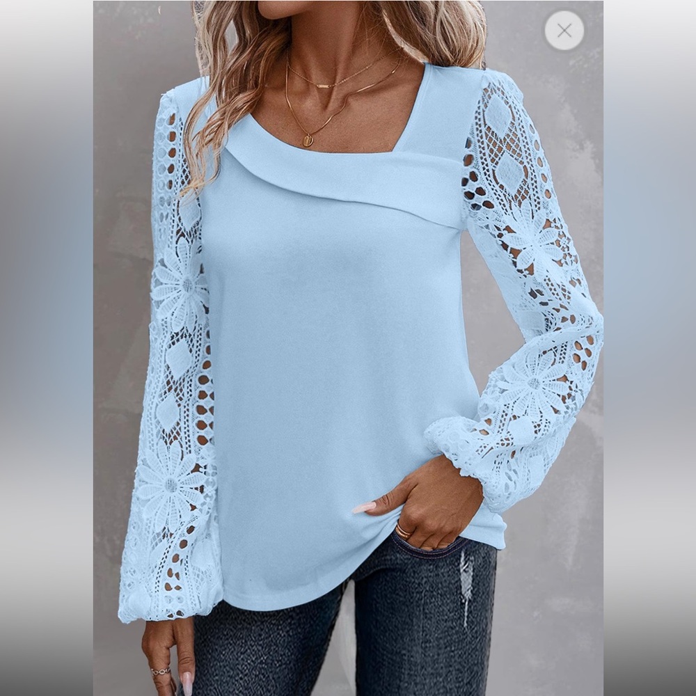 Lace Long Sleeve Asymmetrical Neck Blouse  Rosewe®